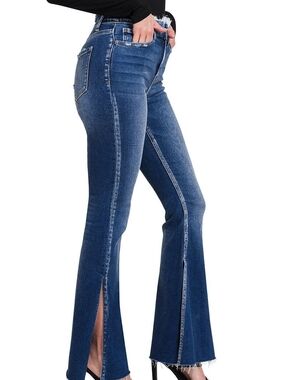 Zenana Outfitters Dark Blue Split-Hem Flare Jeans
